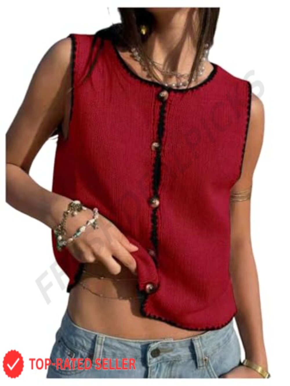 Cropped Button Up Sweater Vest Sleeveless Knit Cardigan Top Acrylic